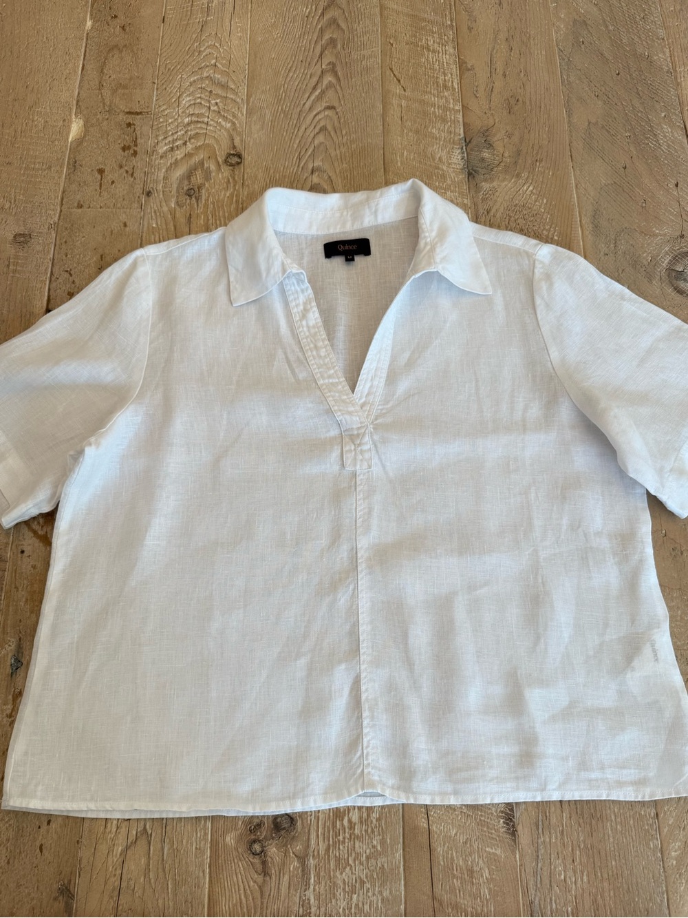 Quince White Linen Short-Sleeve Split V-Neck Blouse M